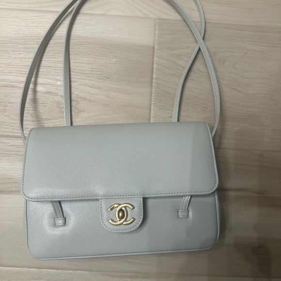 CHANEL Light green/grey Leather Shoulder Bag with Gold Logo - Picture 7 of 10